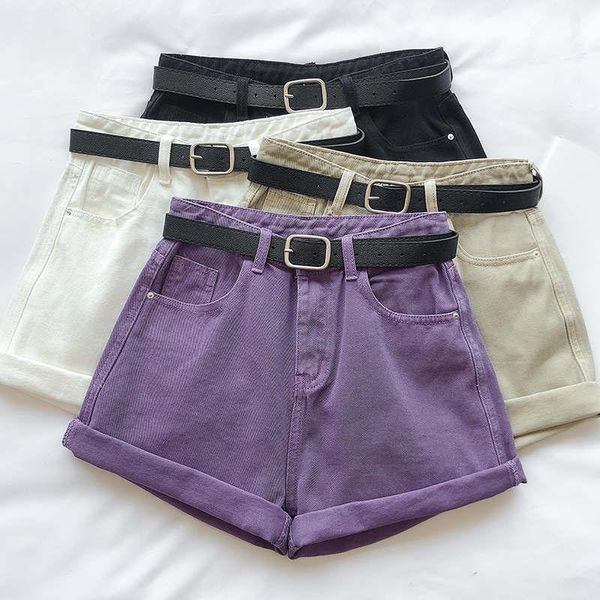 

women's shorts candy color casual denim women with belt beach high waist for wide leg jeans summer c6342, White;black