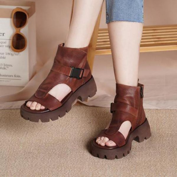 

sandals retro shoes women 2021 summer female genuine leather boots zip handmade concise sewing leisure platform ladies, Black