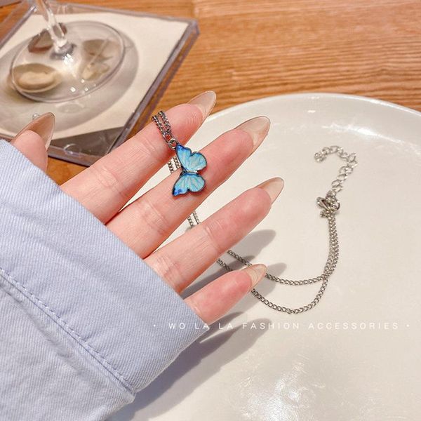 

pendant necklaces blue fairy butterfly necklace female summer clavicle chain neck decoration niche design sense collar, Silver