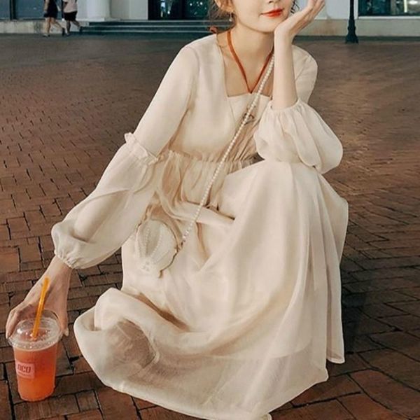 

casual dresses elegant fairy dress women vintage retro chiffon french style long sleeve embroidery women's clothing autumn 2021, Black;gray