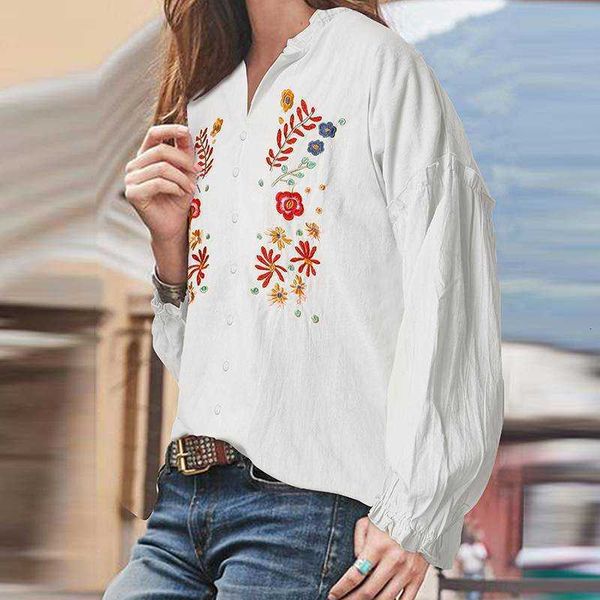 

women's blouses & shirts blouses fashion embroidery spring floral blouse casual long sleeve ruffle blusas female v neck button to zoyf, White