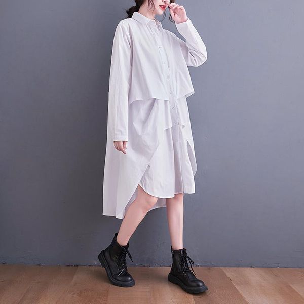 

casual dresses superaen 2021 autumn medium and long shirt full irregular loose plus size slim solid dress for women, Black;gray