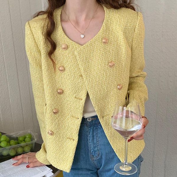 

women's jackets [ewq] o neck loose casual double breasted tweed long sleeve coat female tide simple clothing yellow jacket women autumn, Black;brown