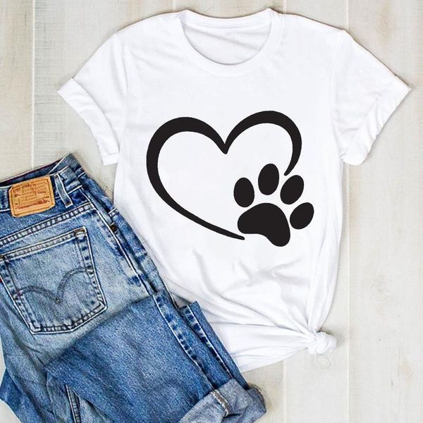 

women lady cartoon love paw pet cute print fashion summer ladies t tee tshirt womens female shirt clothes graphic t-shirt, White