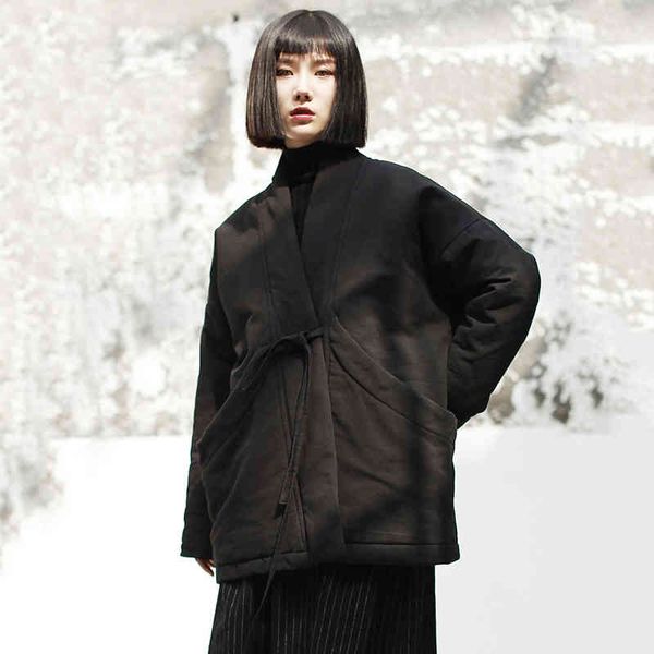 

women's down & parkas [eam] 2022 spring v-collar long sleeve black loose brief bandage cotton-padded large size coat women fashion jk13