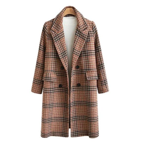

women's wool & blends autumn and winter clothing british style casual large size loose all-match mid-length plaid woolen coat, Black