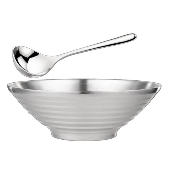 

1 pcs 304 stainless steel double layer ramen noodle bowl,with spoon,for udon soba pho pasta salad cereal (9.5-inch)
