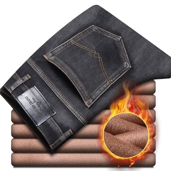 

winter new men's thick warm gray jeans classic style business casual regular fit elasticity denim pants male trousers 210317, Blue
