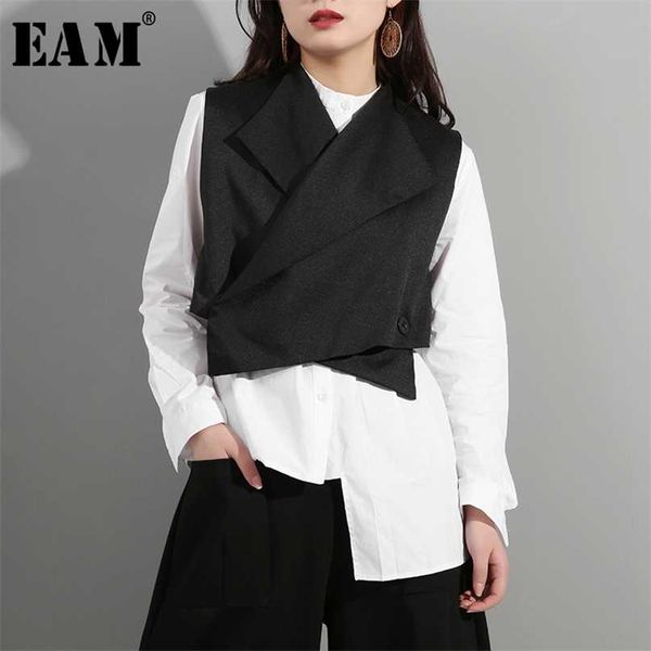 

[eam] spring summer lapel sleeveless black button cross bandage ribbon stitch vest women fashion all-match wd81 211120, Black;white