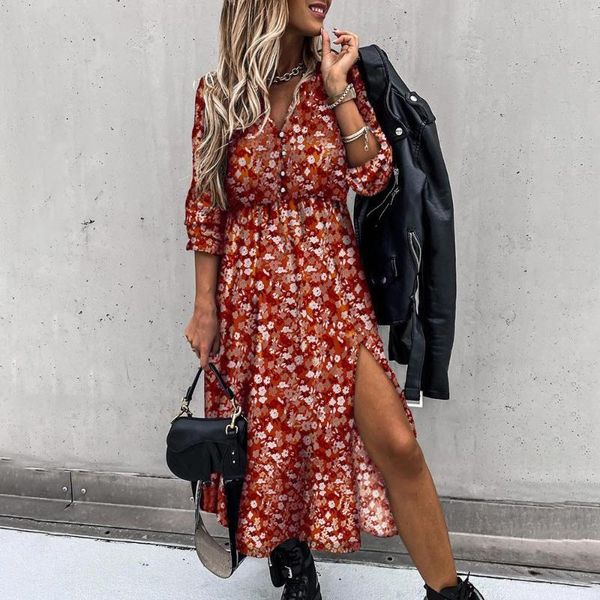 

party dresses 2021 spring autumn midi dress ladies casual floral long sleeve v-neck button for women elegant slim slit femme robe, White;black