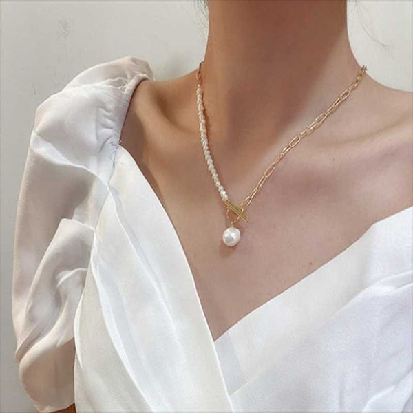

chains baroque freshwater pearl t-buckle necklace female pendant gold clavicle chain ins cool wind simple sweater, Silver