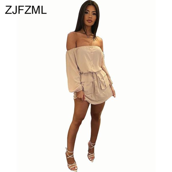 

casual dresses off shoulder causal a-line dress women long sleeve buttons wrap mini ladies backless sashes pockets solid plus size, Black;gray