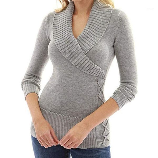 

autumn winter knitted wrap sweater jersey invierno mujeres long sleeve v neck slim women pollover solid gray black khaki women's sweate, White;black