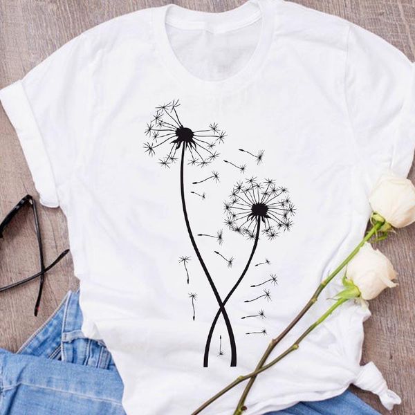 

women graphic dandelion printing cartoon cute fashion ladies print clothing clothes lady tees female t shirt womens t-shirt, White