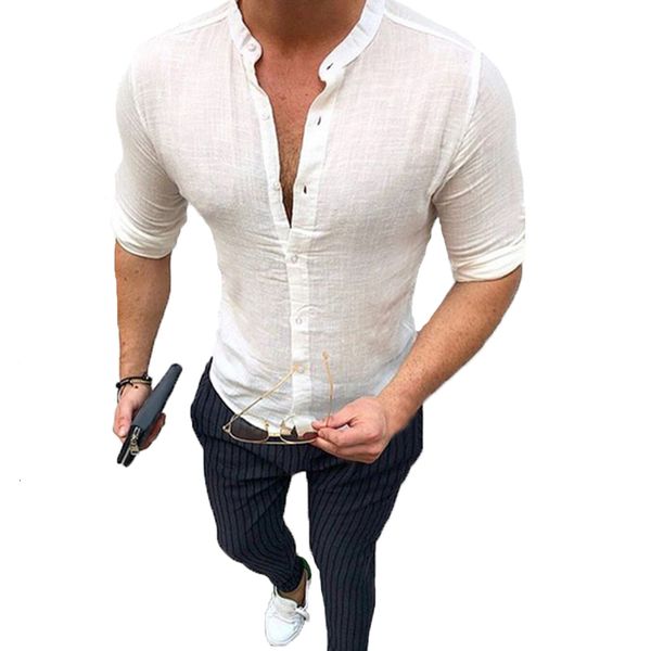 

2021 hawaiian man's occasional office long shirts slim fit muscular muscle masculine button blunt decorating on white v -black linen xb, White;black