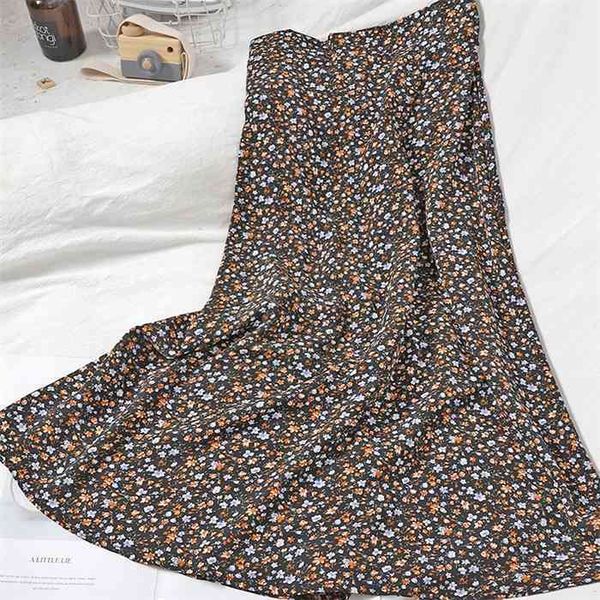 

fashion summer chiffon beach print skirt all-match high waist sweet floral skirt for womens korean midi long vintage skirt, Black;gray