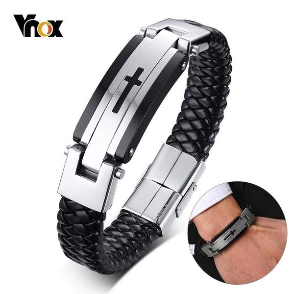 

link, chain vnox braided real genuine leather bracelet for men black chunky bangle stainless steel cross wristband casual punk male pulseira