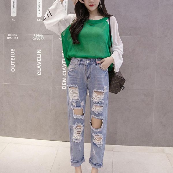 

women's jeans 2021 vintage ripped hole women hundred cut out high waist denim pants summer korean streetwear fashion straight, Blue