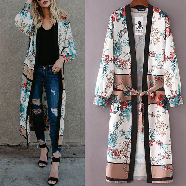 

new long kimono cardigan womens blouse belt bandage shawl print casual kimono cardigan bikini cover up blouse beachwear, White