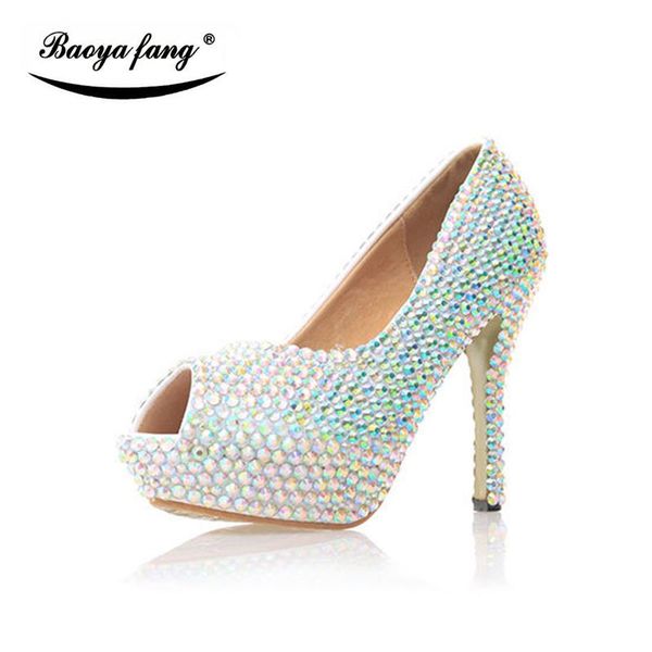 

new ab crystal bridal wedding shoes women peep toe fashion high heels pumps woman real leather platform shoes round toe, Black