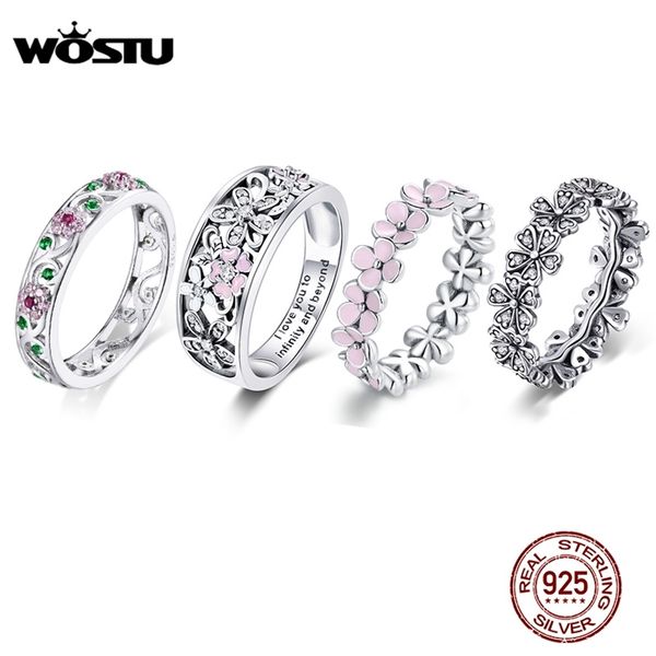 

wostu flower silver 925 ring pink zircon daisy enamel rings for female fingers original wedding engagement jewelry gift 211217, Slivery;golden