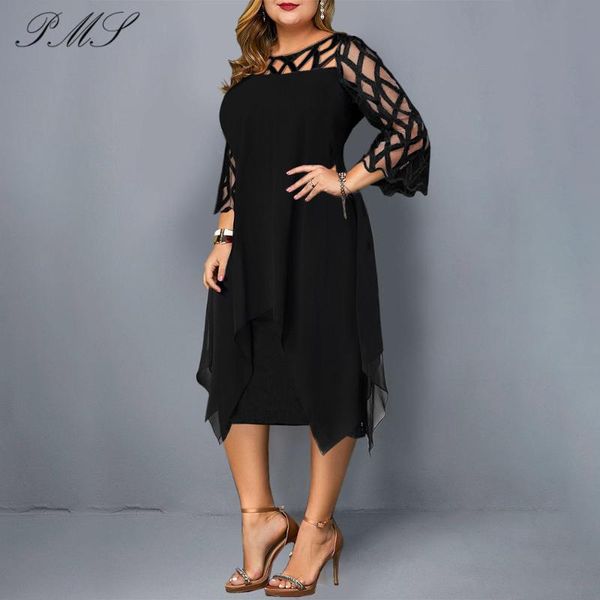 

casual dresses 2021 l~5xl women plus size dress black sheer lace sleeve high low irregular hem swing party d25, Black;gray