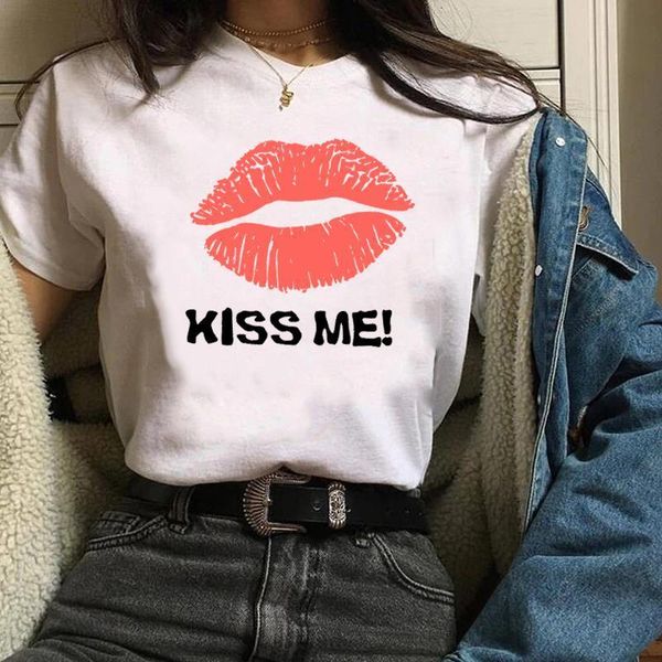 

women graphic cartoon lip kiss watercolor flower floral ladies print clothes lady tees female t shirt womens t-shirt, White