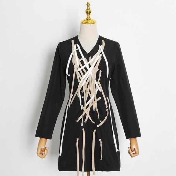 

casual dresses msxu fashion draw strings cross lace up irregular fitted slim party club women short dress, Black;gray