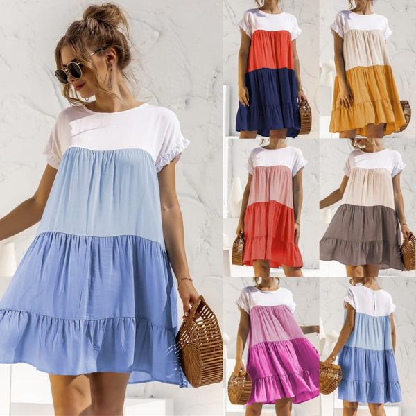 

casual dresses summer women plue size beach dress ruffles stitching o-neck short sleeven loose midi ladies sundress 2021, Black;gray