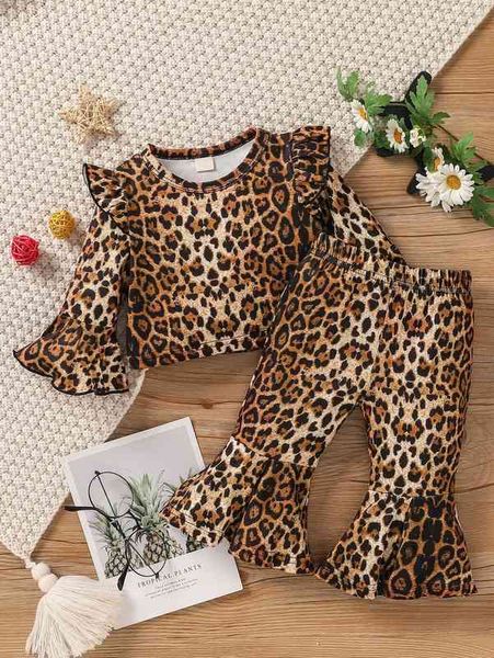 

baby leopard ruffle trim flounce sleeve tee & flare leg pants she, White