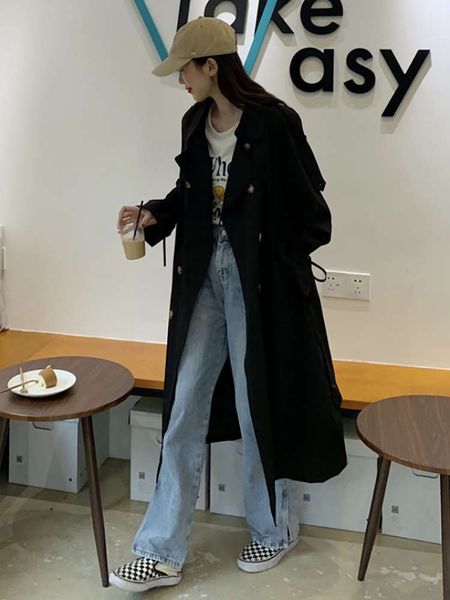 

fashion and windbreaker women's middle autumn long small spring clothing 2021 new fashion trend temperament british style coat luxury, Tan;black