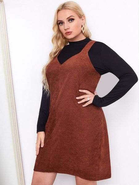 

plus corduroy overall dress without tee b947#, Black