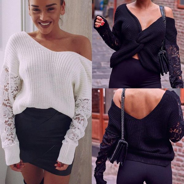 

long sleeve women shirt low cut solid color lace hollow out long sleeve women blouse and shirt, White