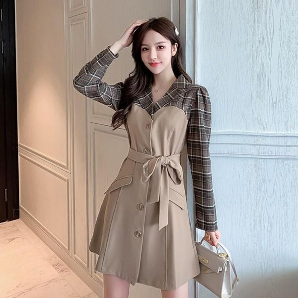 

casual dresses women elegant long sleeve notched collar single-breasted patchwork dress 2021 autumn female office slim mini, Black;gray