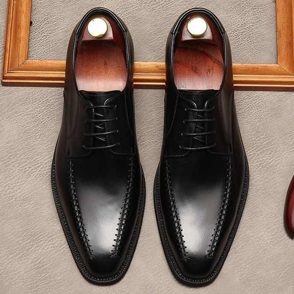 

dress shoes vintage pointed toe derby man office genuine leather formal oxfords retro men's wedding flats for bridal mde139, Black