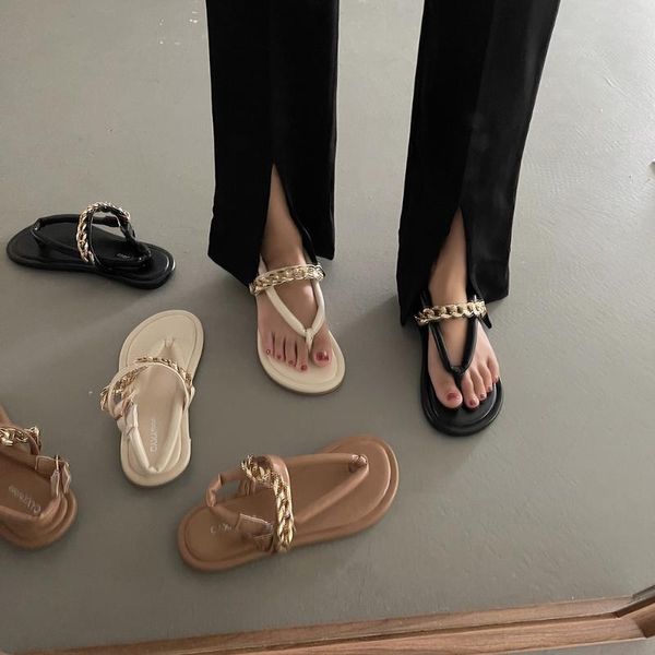 

sandals flip-flop women shoes fairy style 2021 retro soft sole flat roman metal chain ladies, Black