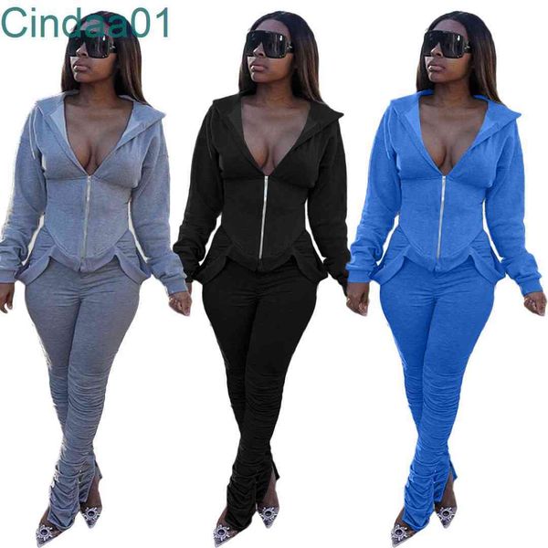 

women two piece pants designer tracksuits solid colour zipper hooded jacket pleated forked leggings autumn and winter sportwear 3 colours, White