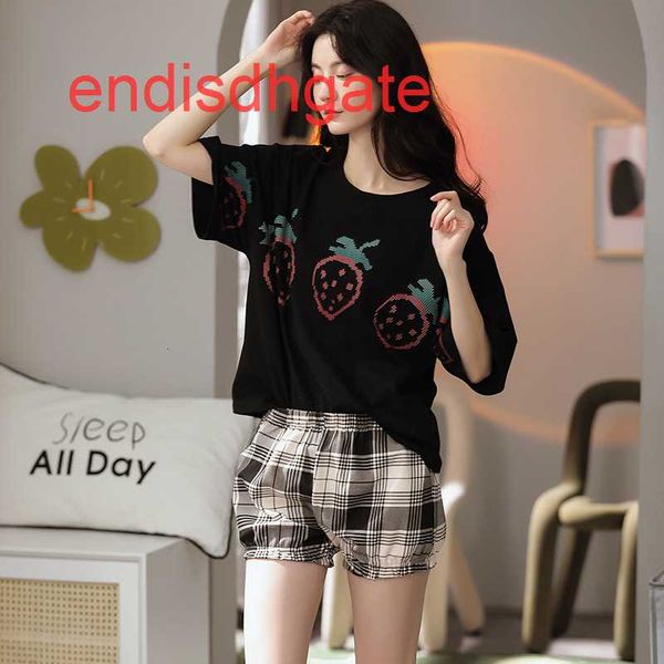 

sleeve 2021 cotton new summer short suit round neck women's pajamas home wear, Black;white