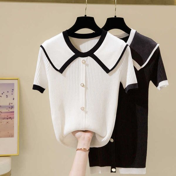 

summer knitted sweater women pullovers thin elastic sweater for woman female jumper short sleeve v neck office lady 210604, White;black