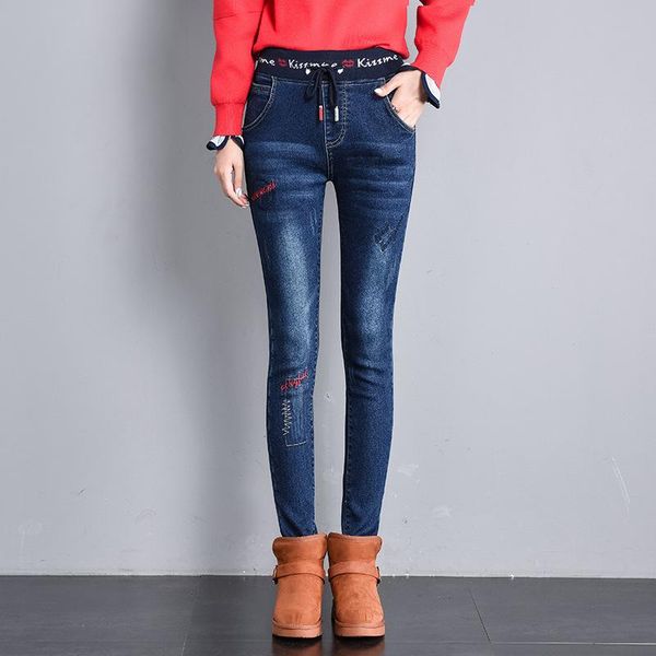 

women's jeans high wiast elastic thick velvet women skinny denim pants plus size winter trousers pencil stretch warm, Blue