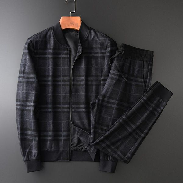 

men's tracksuits mens (jackets+pants) set luxury thick yarn dyed plaid stand collar man coats plus size 4xl elastic waist male pants, Gray