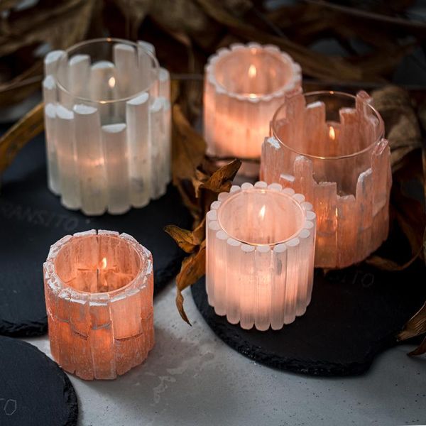 

candle holders natural light yellow pink strip crystal stone splicing holder decoration romantic dinner glass table furnishings