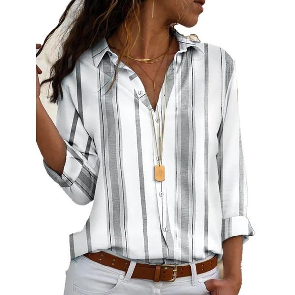 

2021 new spring autumn women blouse flower v-neck long sleeve work shirts women office striped blouse for business, White