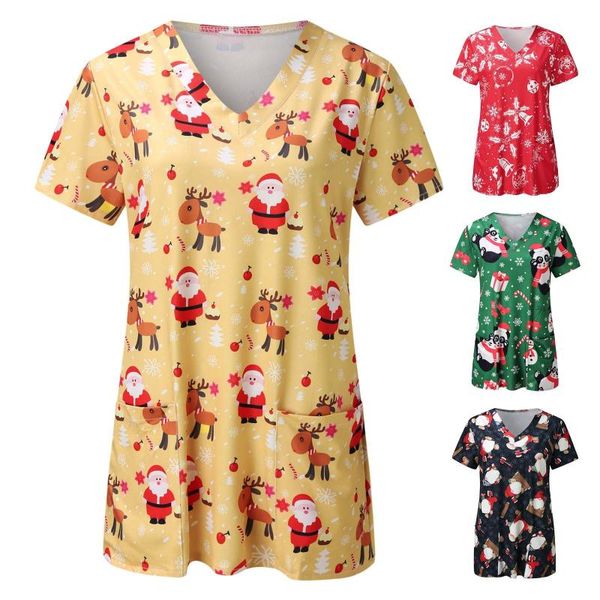 

women's t-shirt women fashion print chic t-shirts female short sleeve v-neck working uniform tee shirt merry christmas shirts #g3, White
