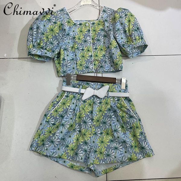 

women's tracksuits korean fashion printed clothes 2pcs set 2021 summer puff sleeve short high waist slimming shorts suit with belt, Gray