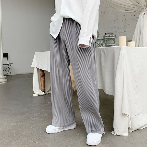 

2021 new pleated men's fashion stretch waist casual wide-leg men streetwear korean loose hip-hop straight pants mens trousers rc30, Black