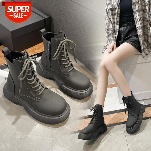 

short boots female autumn martin spring and single side zipper muffin thick soled handsome motorcycle #mm1q, Black