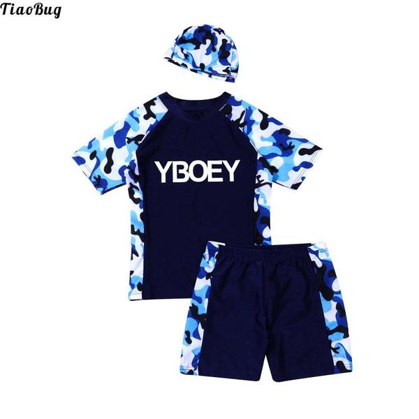 

one-pieces tiaobug 3pcs kids boys swimsuit stand collar short sleeves camouflage print t-shirt with shorts and cap beach pool bathing suits, Black