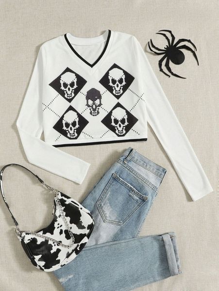 

v-neck skull print crop tee r01n#, White