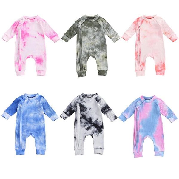 

jumpsuits infant born baby girls boys ribbed tie dye long sleeve romper zipper spring autumn clothes outfits, Blue